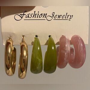 Hoop Earrings set of 3 - green, pink, and gold